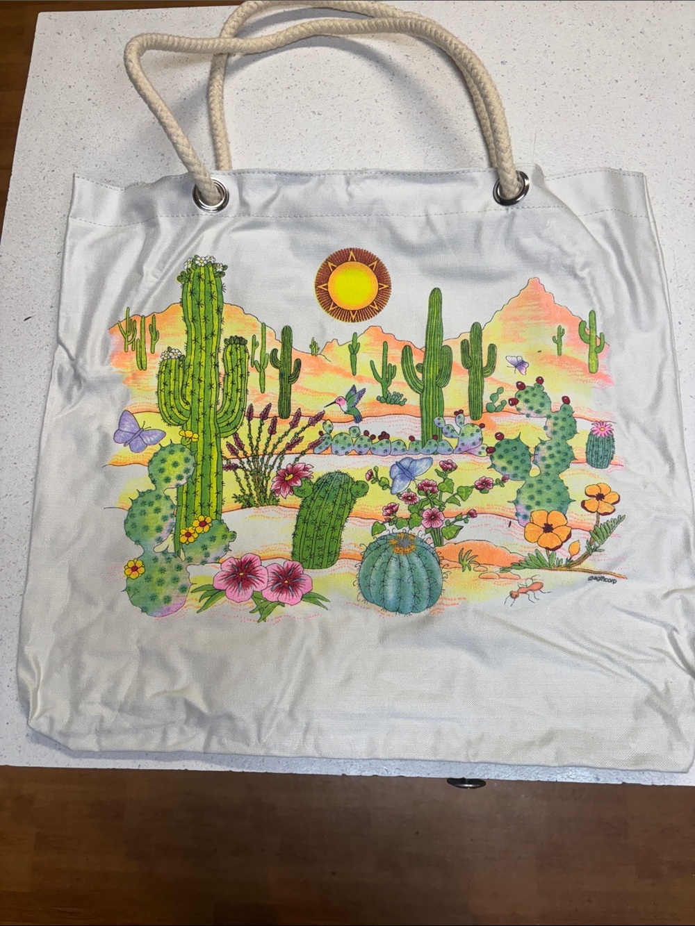 White Canvas Desert Cactus Tote with Rope Handles